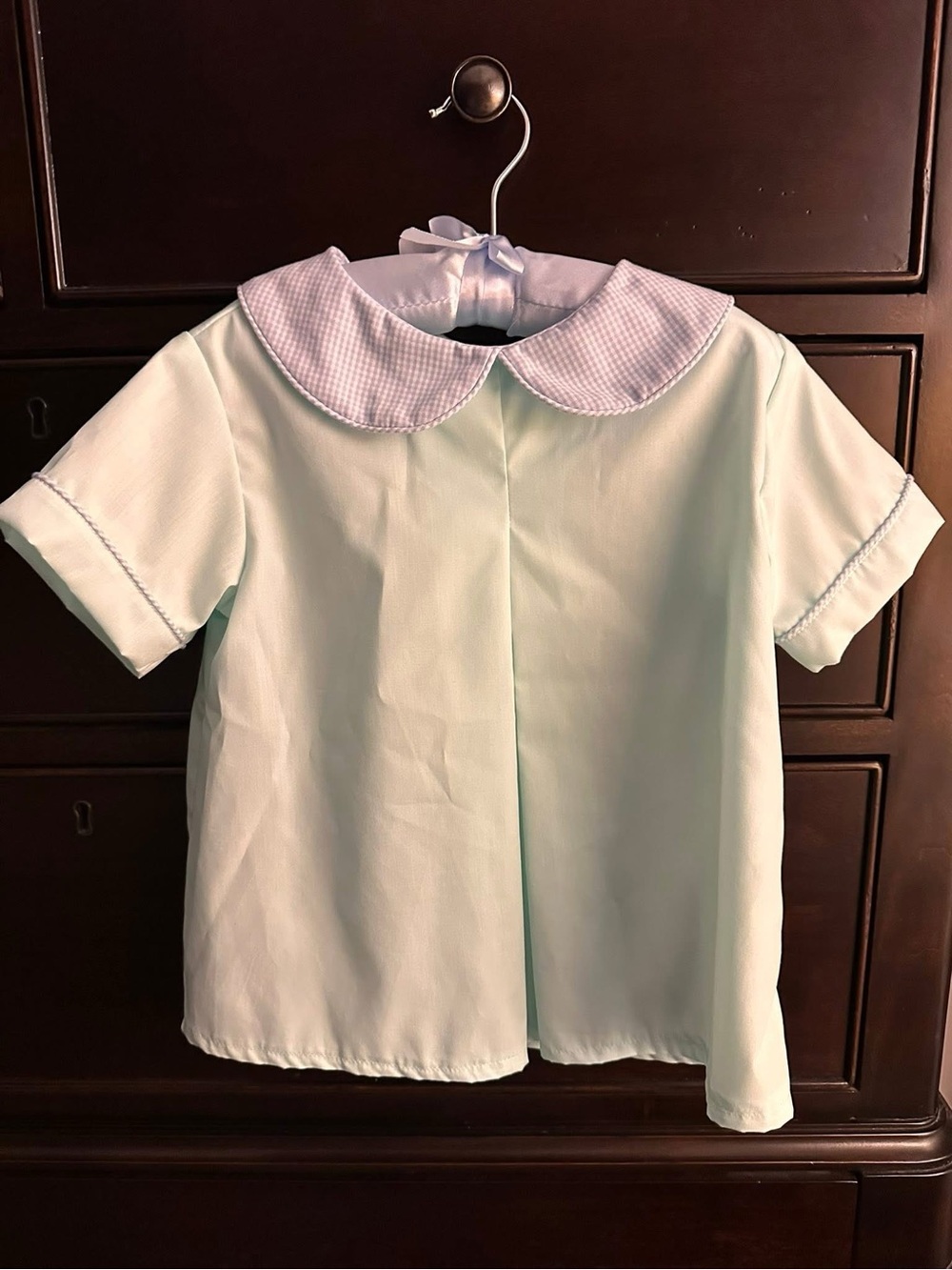 Mint Peter Pan Collar Top with blue gingham Trim